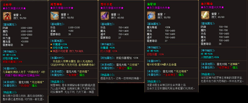 仙域大陆装备属性展示